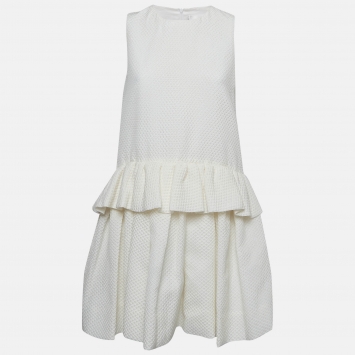 Pre Owned Victoria Beckham White Textured Cotton Blend Sleeveless Ruffled Mini Dress M