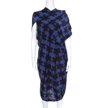 Pre Owned Vivienne Westwood Anglomania Blue and Black Printed Draped Asymmetric Dress M