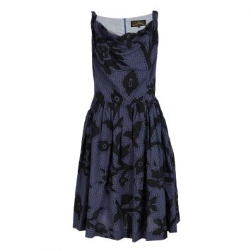 Pre Owned Vivienne Westwood Anglomania Navy Blue Checkered Floral Printed Sleeveless Dress M