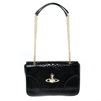 Pre Owned Vivienne Westwood Black Snakeskin Embossed Leather Frilly Shoulder Bag