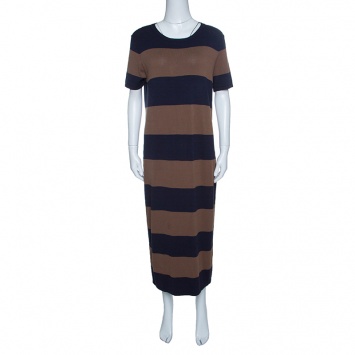 Pre Owned Weekend Max Mara Navy Blue and Brown Striped Short Sleeve Sweater Dress L