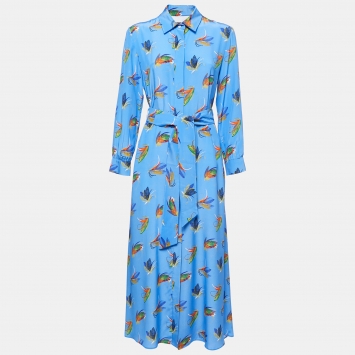 Pre Owned Weekend Max Mara Blue Feather Printed Silk Belted Maxi Dress M
