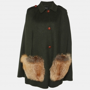 Pre Owned Weekend Max Mara Green Wool & Fur Trimmed Cape Coat M