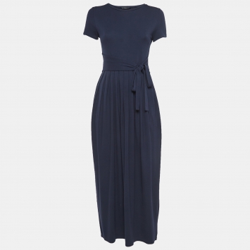 Pre Owned Weekend Max Mara Navy Blue Knit Waist Tie Detail Pleated Maxi Dress XS