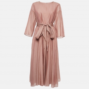 Pre Owned Weekend Max Mara Pink Cotton Blend Gathered Belted Midi Dress L