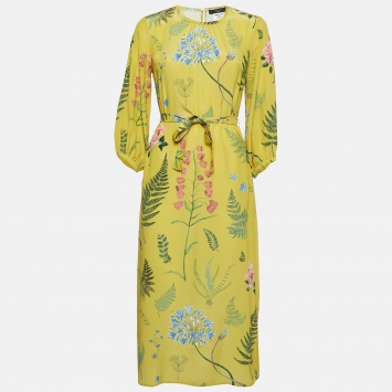 Pre Owned Weekend Max Mara Yellow Medusa Printed Silk Belted Midi Dress S