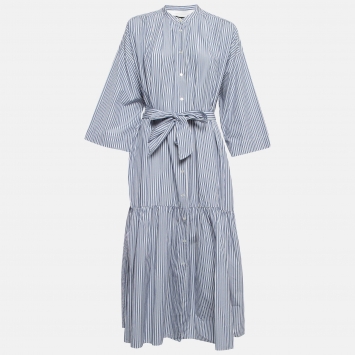 Pre Owned Weekend Max Mara Blue Pinstripe Cotton Drop Waist Dress M