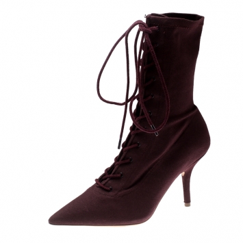Pre Owned Yeezy Season 5 Burgundy Stretch Canvas Lace Up Pointed Toe Boots Size 36