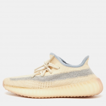 Pre Owned Yeezy x Adidas Light Yellow Knit Fabric Boost 350 V2 Linen Sneakers Size 38