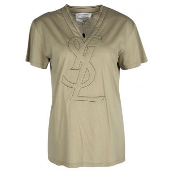 Pre Owned Yves Saint Laurent Paris Brown Logo Detail V-Neck T-Shirt M