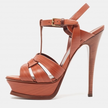 Pre Owned Yves Saint Laurent Brown Leather Tribute Sandals Size 36