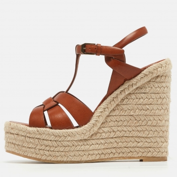 Pre Owned Yves Saint Laurent Brown Leather Tribute Wedge Sandals Size 39.5