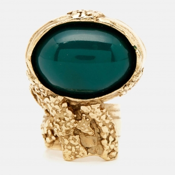 مملوكة مسبقًا Yves Saint Laurent Arty Green Cabochon  Gold Tone Ring Size 53