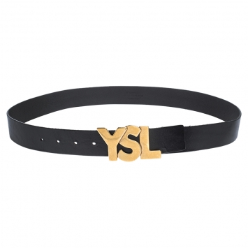 Pre Owned Saint Laurent Paris Black Leather YSL Logo Buckle Belt 95CM