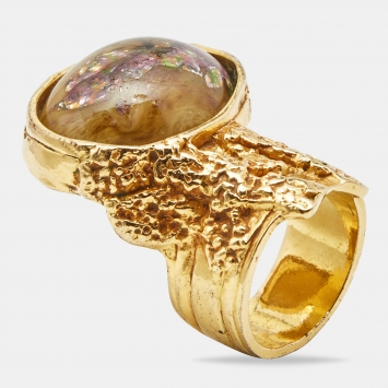 مملوكة مسبقًا Yves Saint Laurent Arty Glass Cabochon Gold Tone Ring Size 60