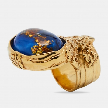 مملوكة مسبقًا Yves Saint Laurent Arty Glass Cabochon Gold Tone Ring Size 55