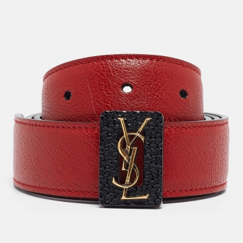 Pre Owned Yves Saint Laurent Red/Black Leather Monogram Reversible Waist Belt M
