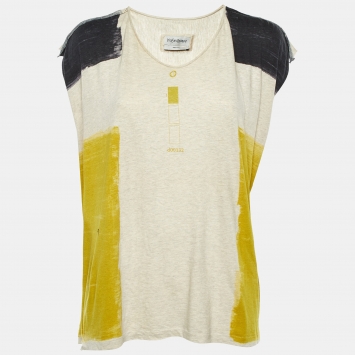 Yves Saint Laurent Paris Cream Printed Cotton Distressed T-Shirt L