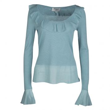 Pre Owned Yves Saint Laurent Powder Blue Wool Ruffle Trim Long Sleeve Sweater S