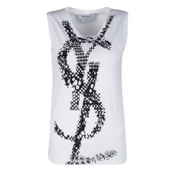 Pre Owned Yves Saint Laurent Monochrome Flock Logo Print Sleeveless T-Shirt S