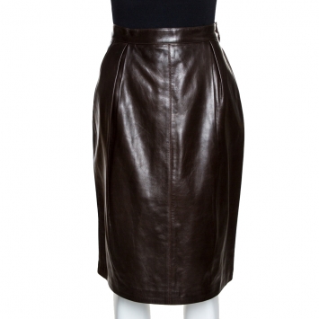 Pre Owned Yves Saint Laurent Rive Gauche Brown Leather Pencil Skirt L