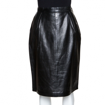 Pre Owned Yves Saint Laurent Rive Gauche Black Leather Pencil Skirt L