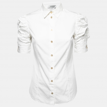 Pre Owned Yves Saint Laurent White Cotton Ruched Sleeve Button Front Shirt S