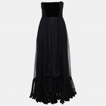 Pre Owned Yves Saint Laurent Vintage Black Silk Ruffled Strapless Gown L