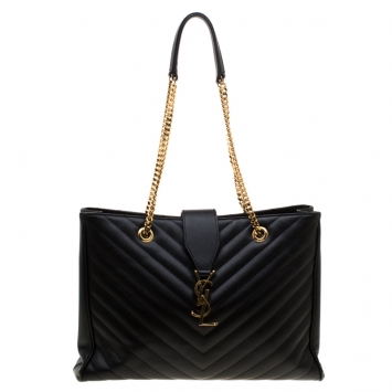 Pre Owned Saint Laurent Paris Black Chevron Leather Classic Monogram Shopping Tote