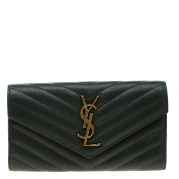 Pre Owned Saint Laurent Green Matelasse Leather Flap Wallet