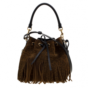 Pre Owned Saint Laurent Paris Brown Leopard Print Suede Emmanuelle Fringed Bucket Bag