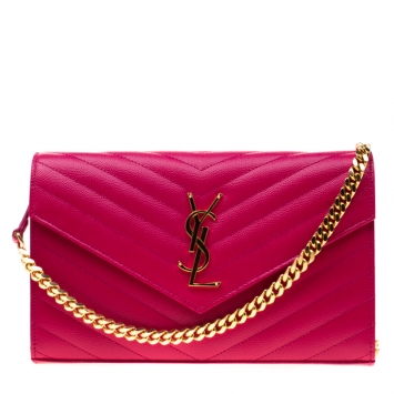 Pre Owned Saint Laurent Fuchsia Leather Monogram Envelope Wallet-On-Chain