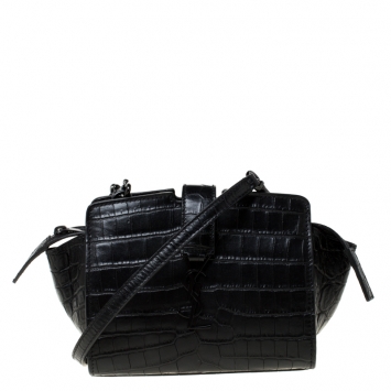 Pre Owned Saint Laurent Paris Black Crocodile Embossed Leather Monogram Cabas Crossbody Bag