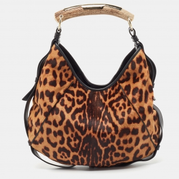 Pre Owned Yves Saint Laurent Black/Brown Leopard Print Calf Hair and Leather Mombasa Hobo