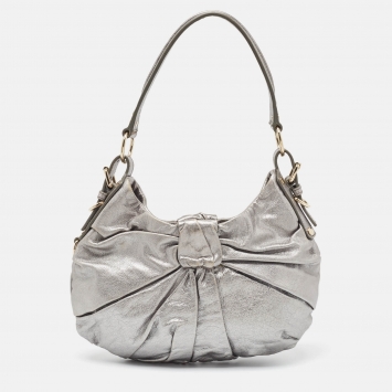 Pre Owned Yves Saint Laurent Metallic Leather Pleated Bow Hobo
