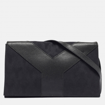 Pre Owned Yves Saint Laurent Black Canvas and Leather Flap Shoulder Bag