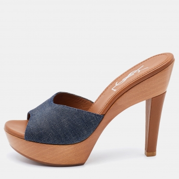 Pre Owned Yves Saint Laurent Blue Denim Platform Wooden Slide Sandals Size 37