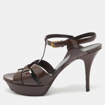 Pre Owned Yves Saint Laurent Burgundy Patent Tribute Sandals Size 41.5