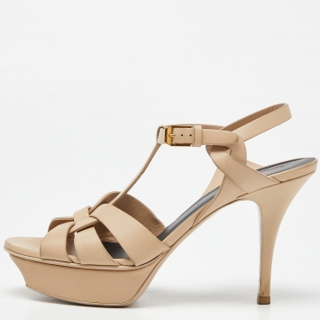 Pre Owned Yves Saint Laurent Beige Leather Tribute Platform Ankle Strap Sandals Size 38.5