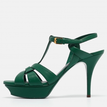 Pre Owned Yves Saint Laurent Green Leather Tribute Sandals Size 40