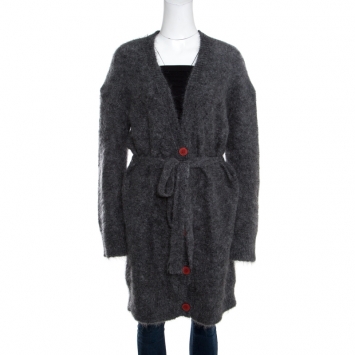 Pre Owned Zadig & Voltaire Mottled Grey Mohair and Wool Belted Long Cardigan M/L