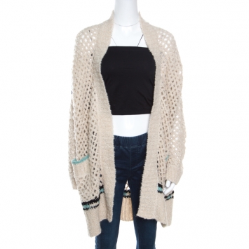 Pre Owned Zadig and Voltaire Cream Crochet Knit Merino Wool Open Front Pix Hook Cardigan M