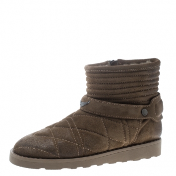 Pre Owned Zadig and Voltaire Khaki Green Quilted Suede Suuns Faux Fur Lined Ankle Boots Size 40