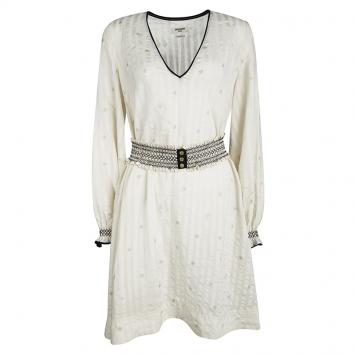 Pre Owned Zadig and Voltaire Deluxe Cream Silk Star and Lighting Print Belted Dress M