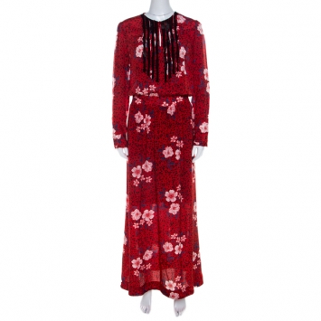 Pre Owned Zadig and Voltaire Red Floral Print Silk Remus Long Pensees Dress XS