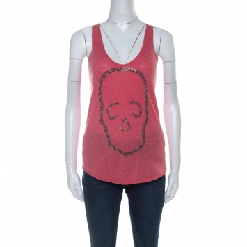 Pre Owned Zadig and Voltaire Washed Red Cashmere Skull Embellished Vest XS