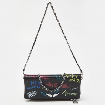 Pre Owned Zadig & Voltaire Black Printed Leather Rock Foldover Clutch Bag