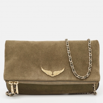 Pre Owned Zadig & Voltaire Olive Green Suede Rock Foldover Crossbody Bag