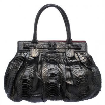 Pre Owned Zagliani Metallic Black/Gold Python Puffy Hobo
