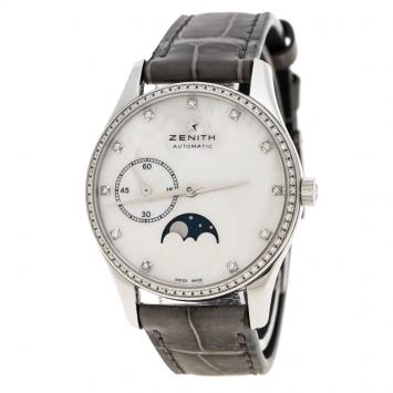 Pre Owned Zenith White Mother of Pearl Stainless Steel Elite Ultra Thin Women's Wristwatch 33 mm